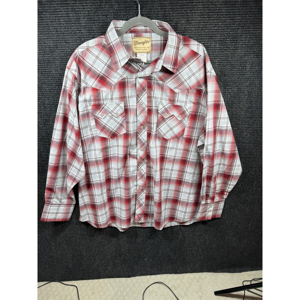 Wrangler Western Fashion Snap Shirt Mens XXL Red White Plaid Metallic WM916RD